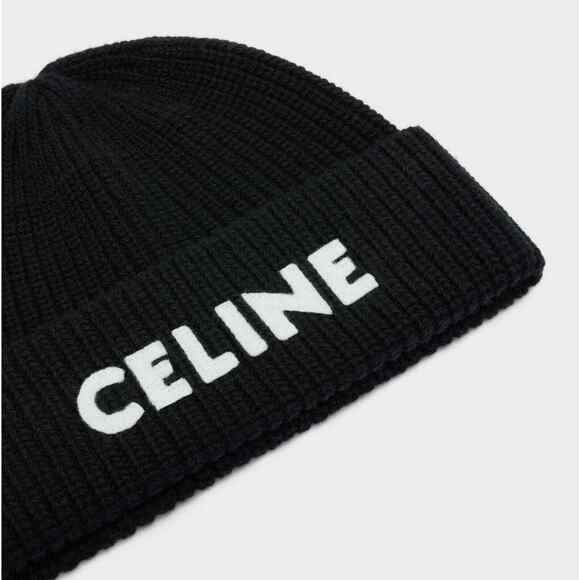 Celine Paris Black White Logo Laine Knit Wool Embroidered Beanie Cap Winter Hat - Picture 3 of 12